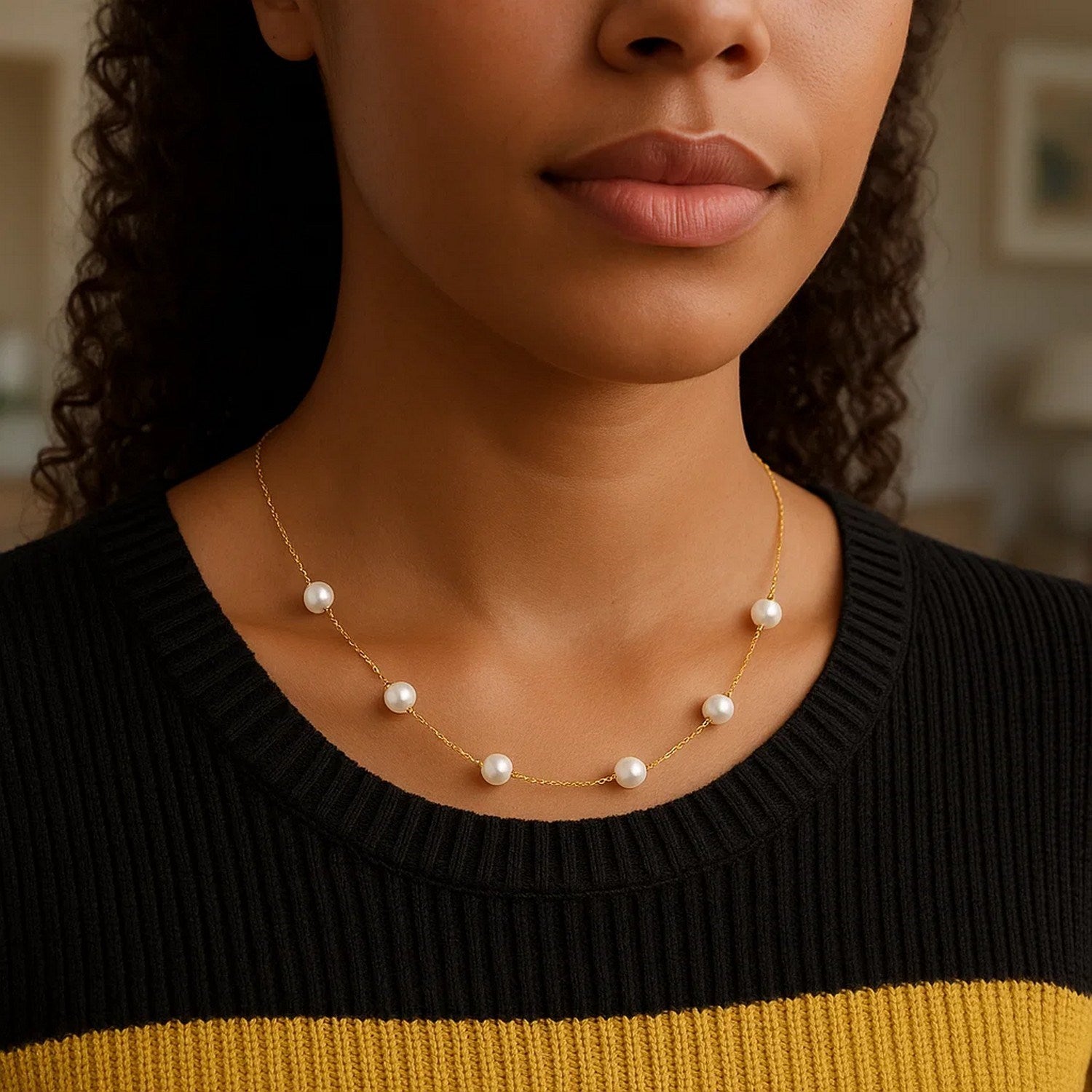 14k Yellow Gold Necklace with White Pearls