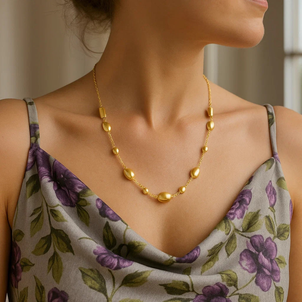 Adjustable Puff Pebble Necklace in 14K Yellow Gold