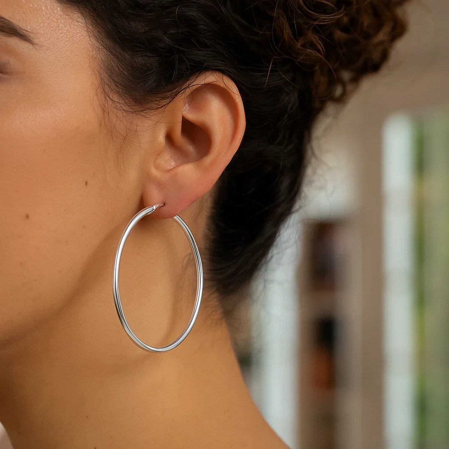 Rhodium Plated Hoop Earrings in Sterling Silver (3x60mm)