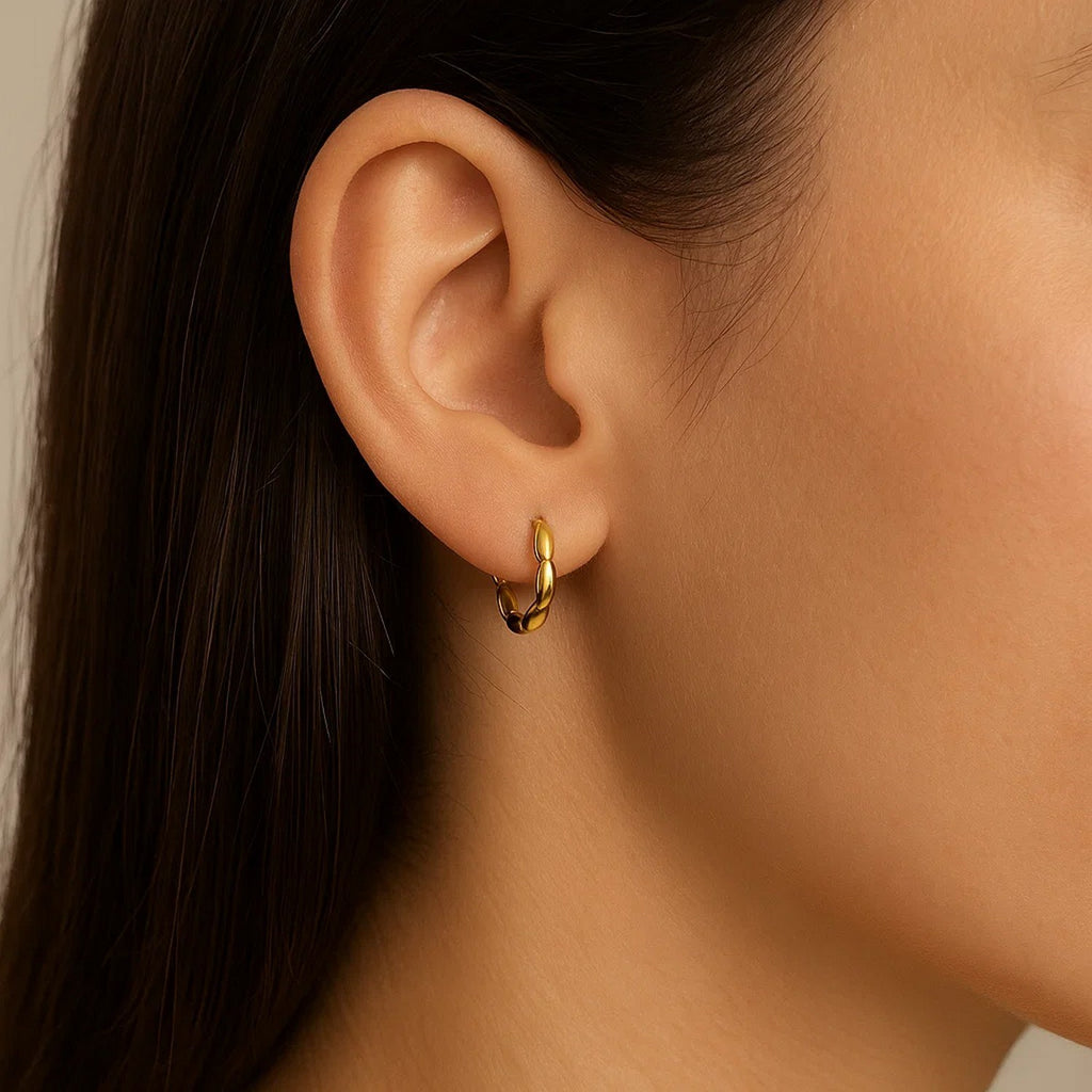 Small Rice Hoop Earrings in 14K Yellow Gold