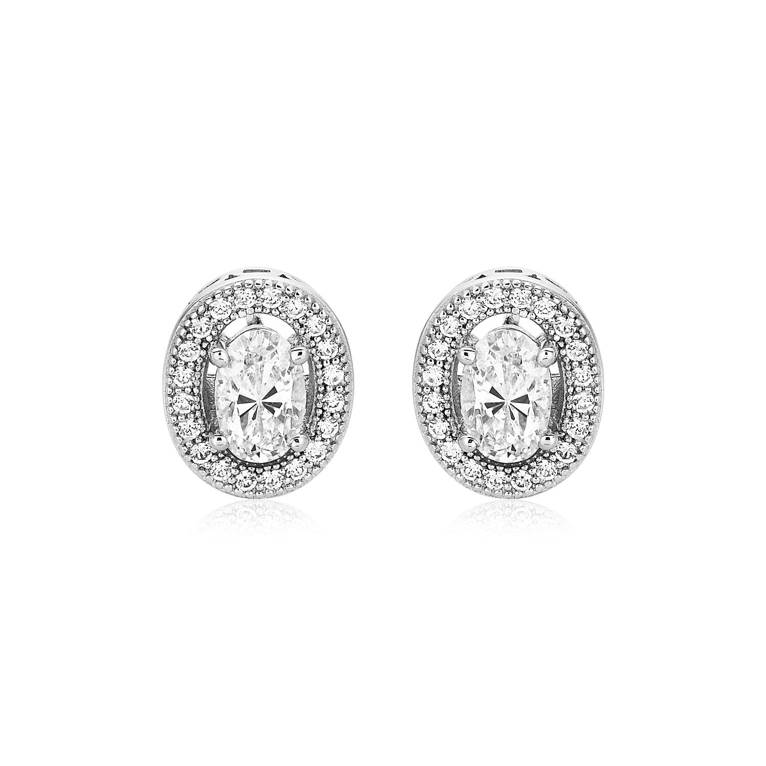 Sterling Silver Beaded Oval Bezel Set Cubic Zirconia Earrings
