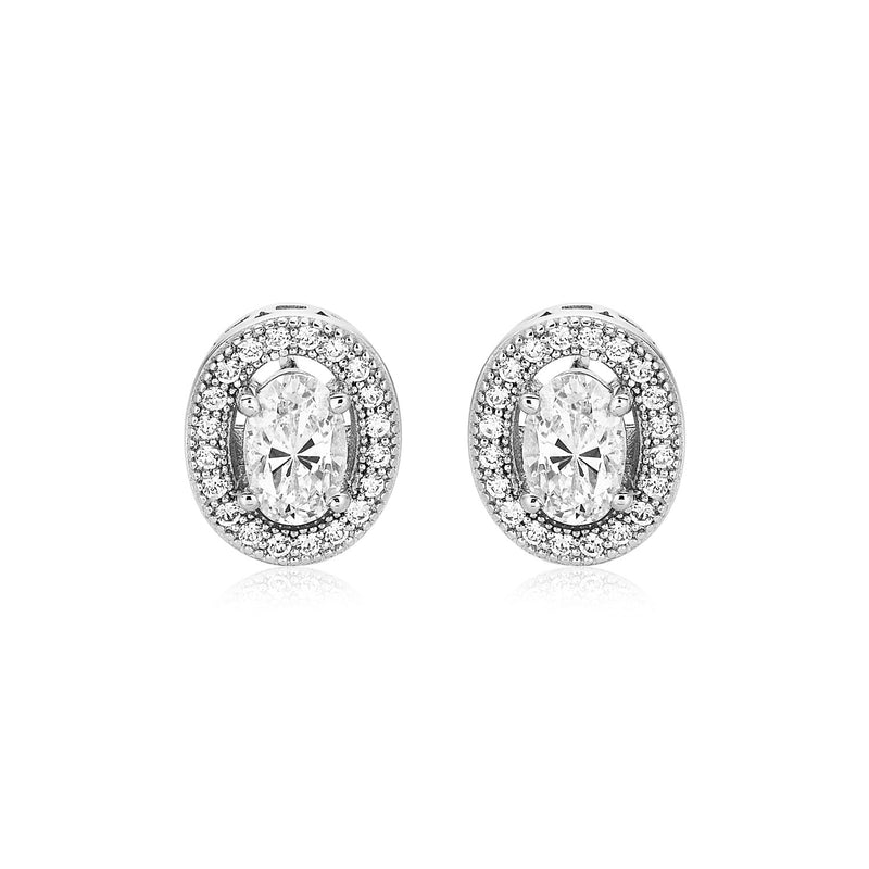 Sterling Silver Beaded Oval Bezel Set Cubic Zirconia Earrings