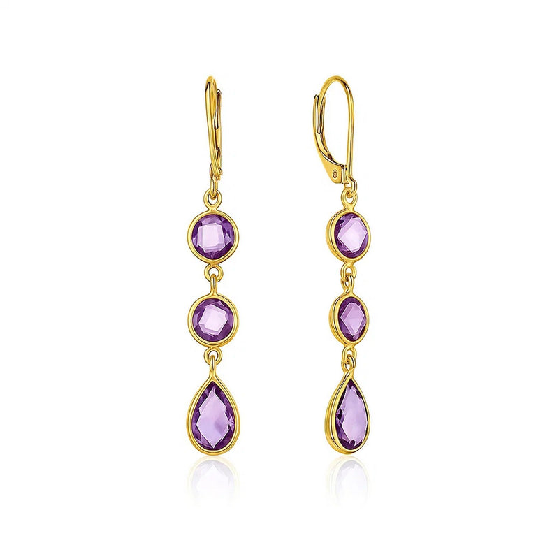 Drop Earrings with Round and Pear-Shaped Amethysts in 14k Yellow Gold