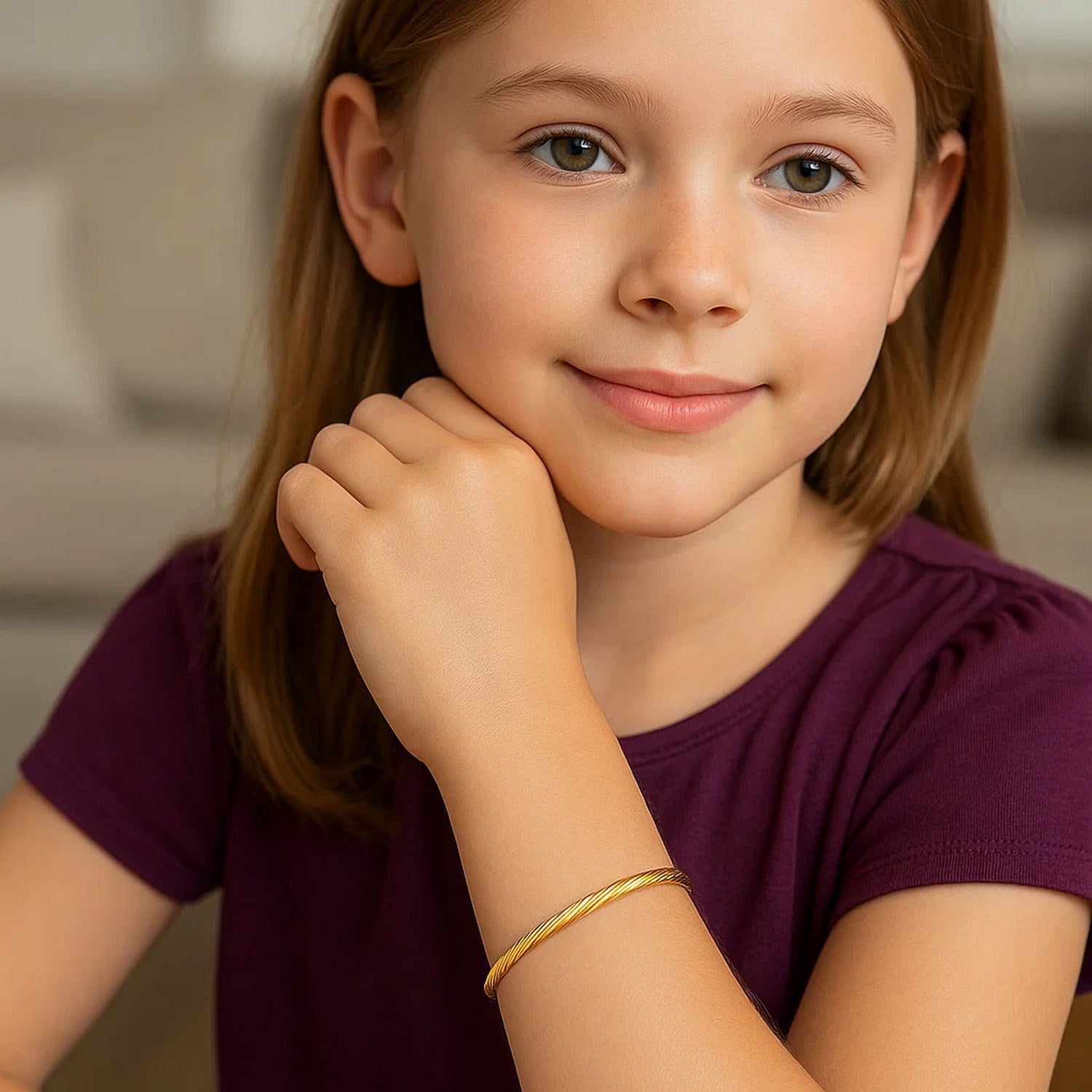 14k Yellow Gold Childrens Bangle with Spiral Motif Style (3.50 mm)