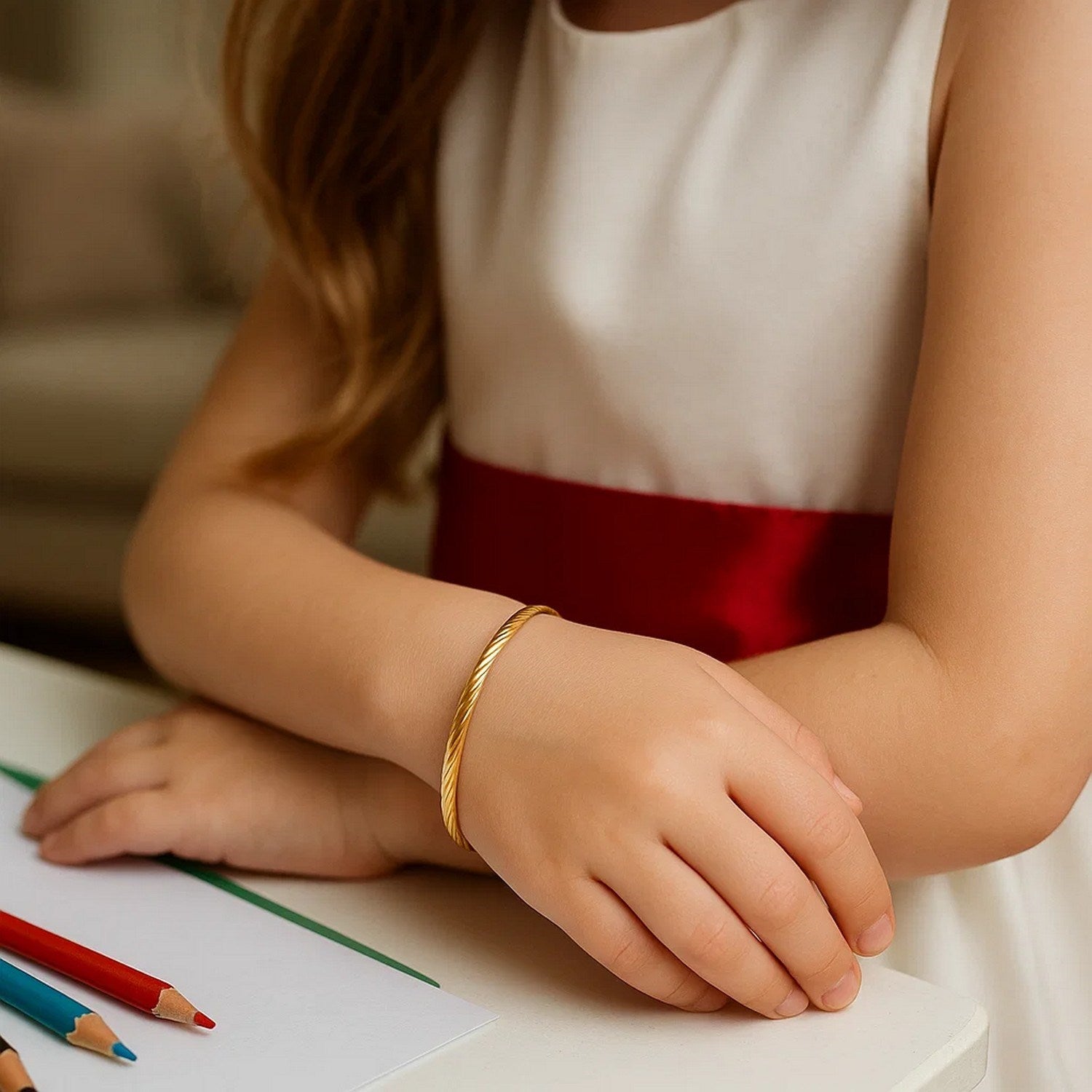 14k Yellow Gold Childrens Bangle with Spiral Motif Style (3.50 mm)