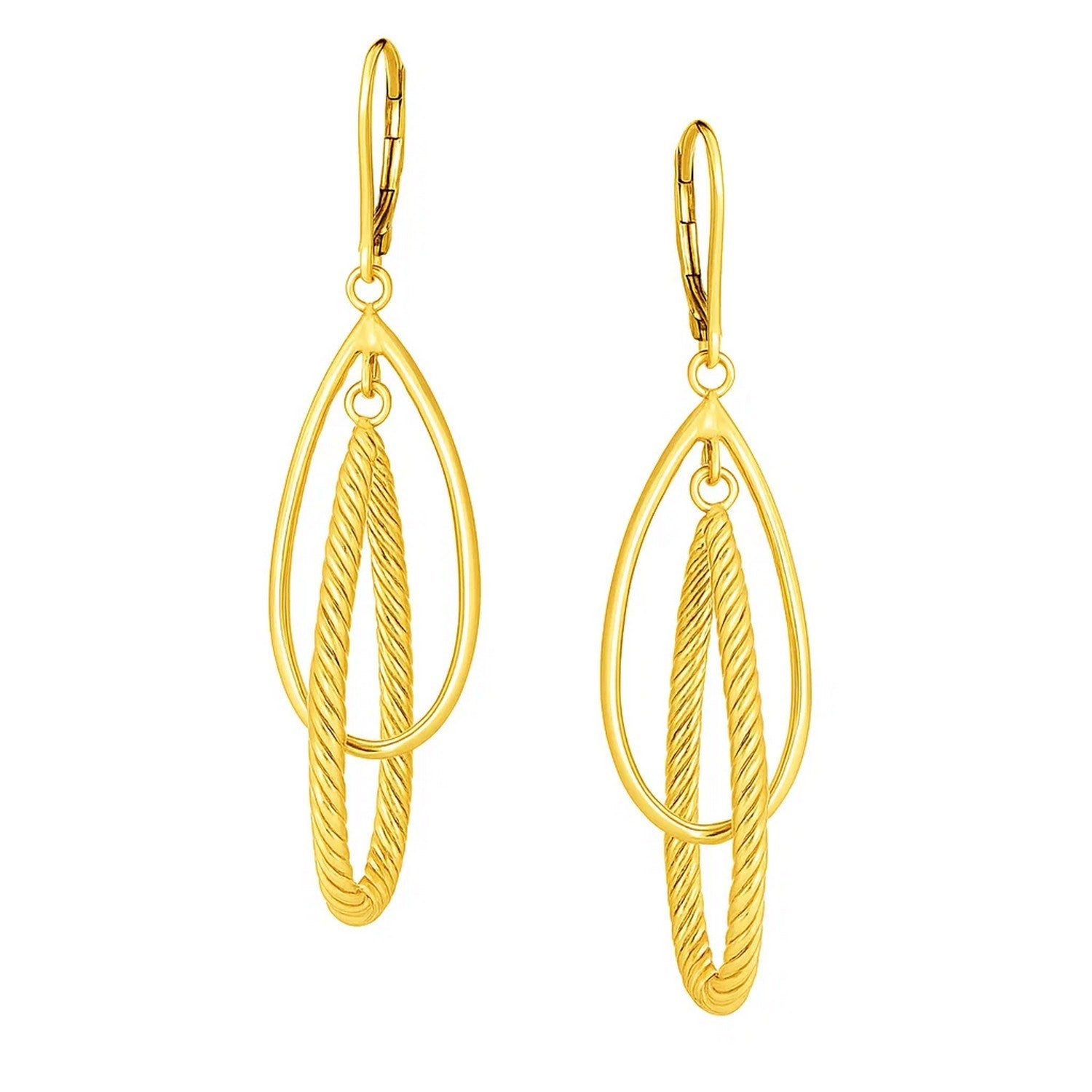 14k Yellow Gold Earrings with Shiny and Textured Teardrop Dangles
