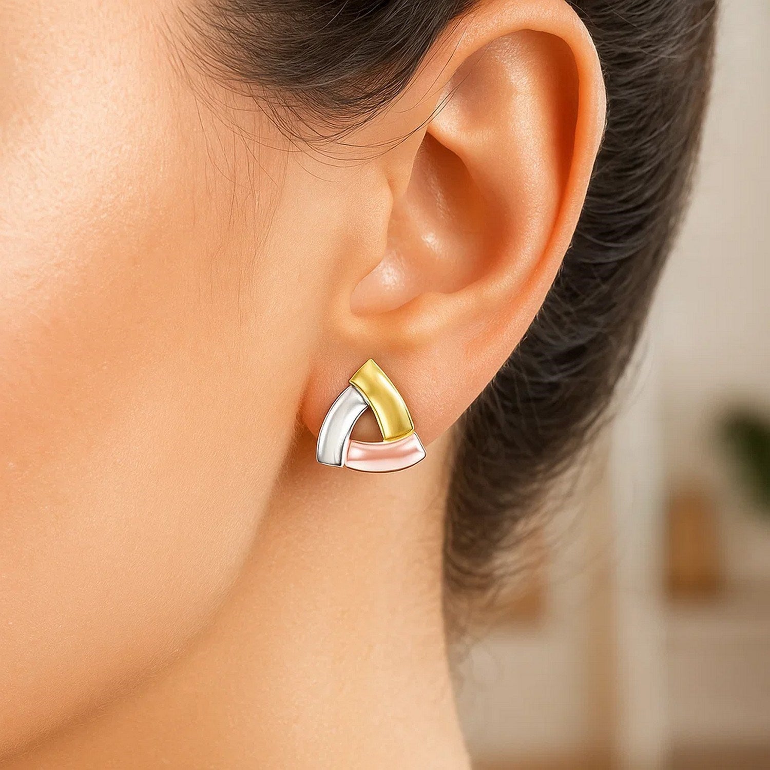 14k Tri-Color Gold Triangular Open Style Post Earrings