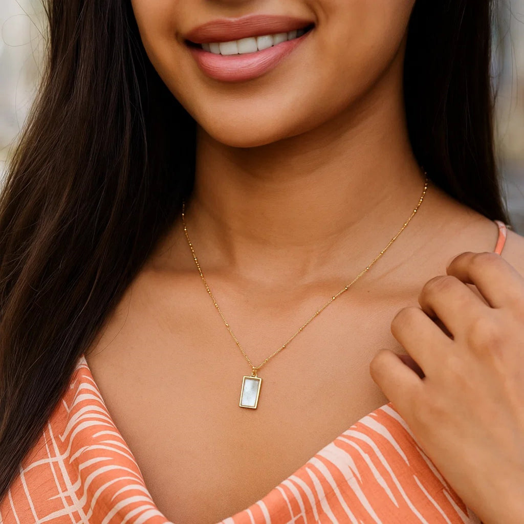 MOP Geometric Gem Rectangle Necklace in 14K Yellow Gold