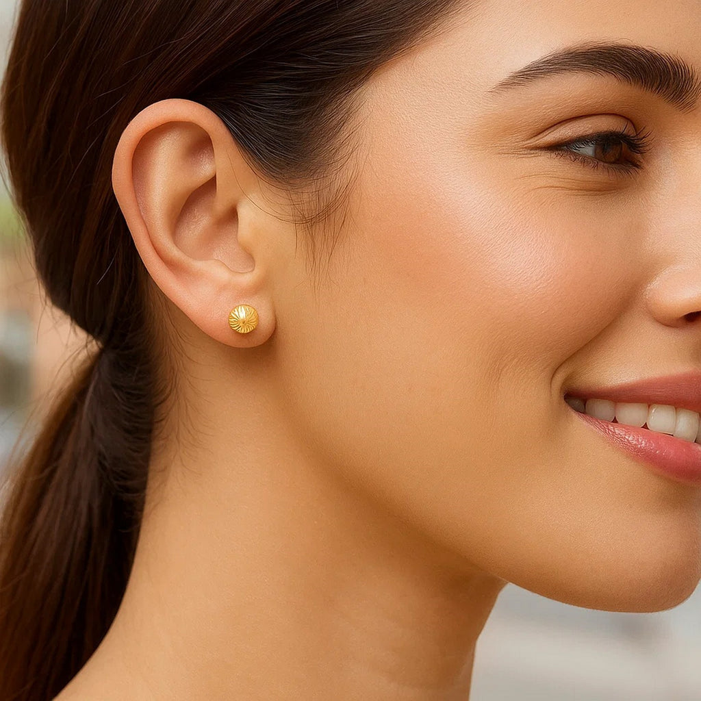 14K Yellow Gold Ball Earrings with Linear Texture(5mm)