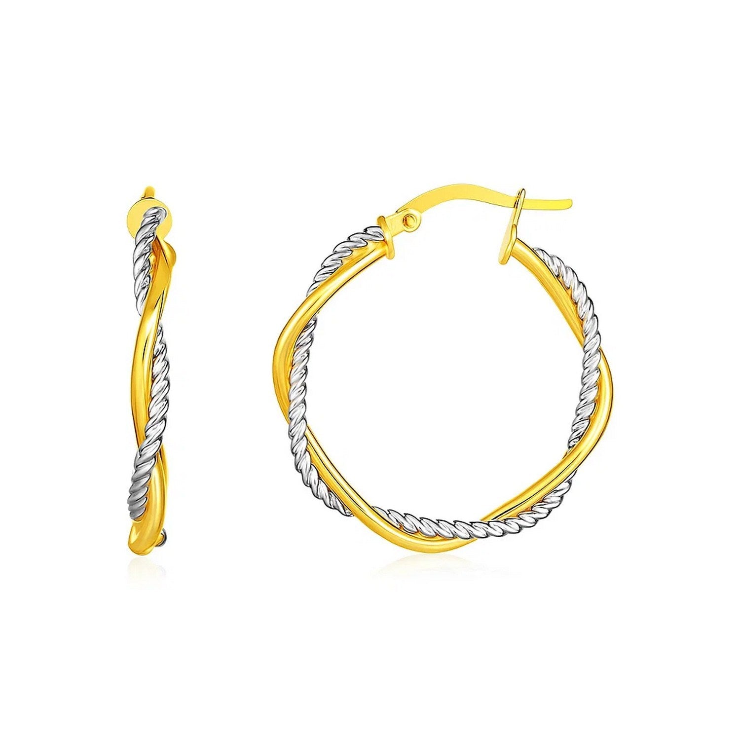 14k Yellow and White Gold Two Part Textured Twisted Round Hoop Earrings(3x23mm)