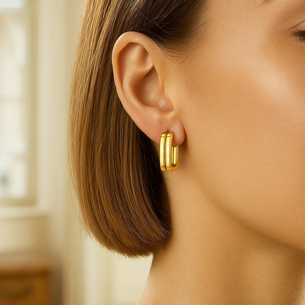 Double Square Tube Hoop Earrings in 14K Yellow Gold