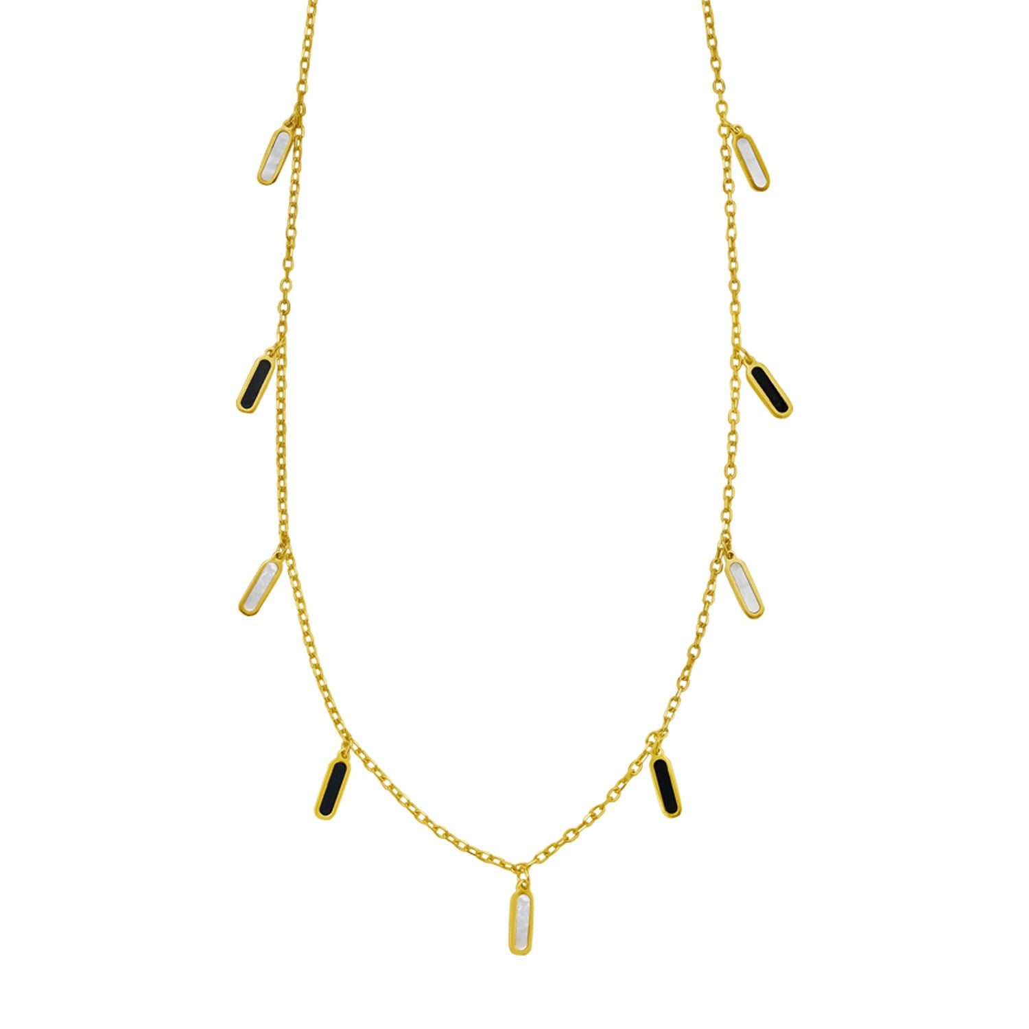 14K Yellow Gold Onyx And MOP Inlay Station Necklace