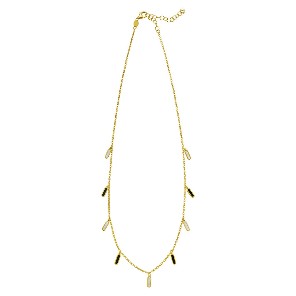 14K Yellow Gold Onyx And MOP Inlay Station Necklace