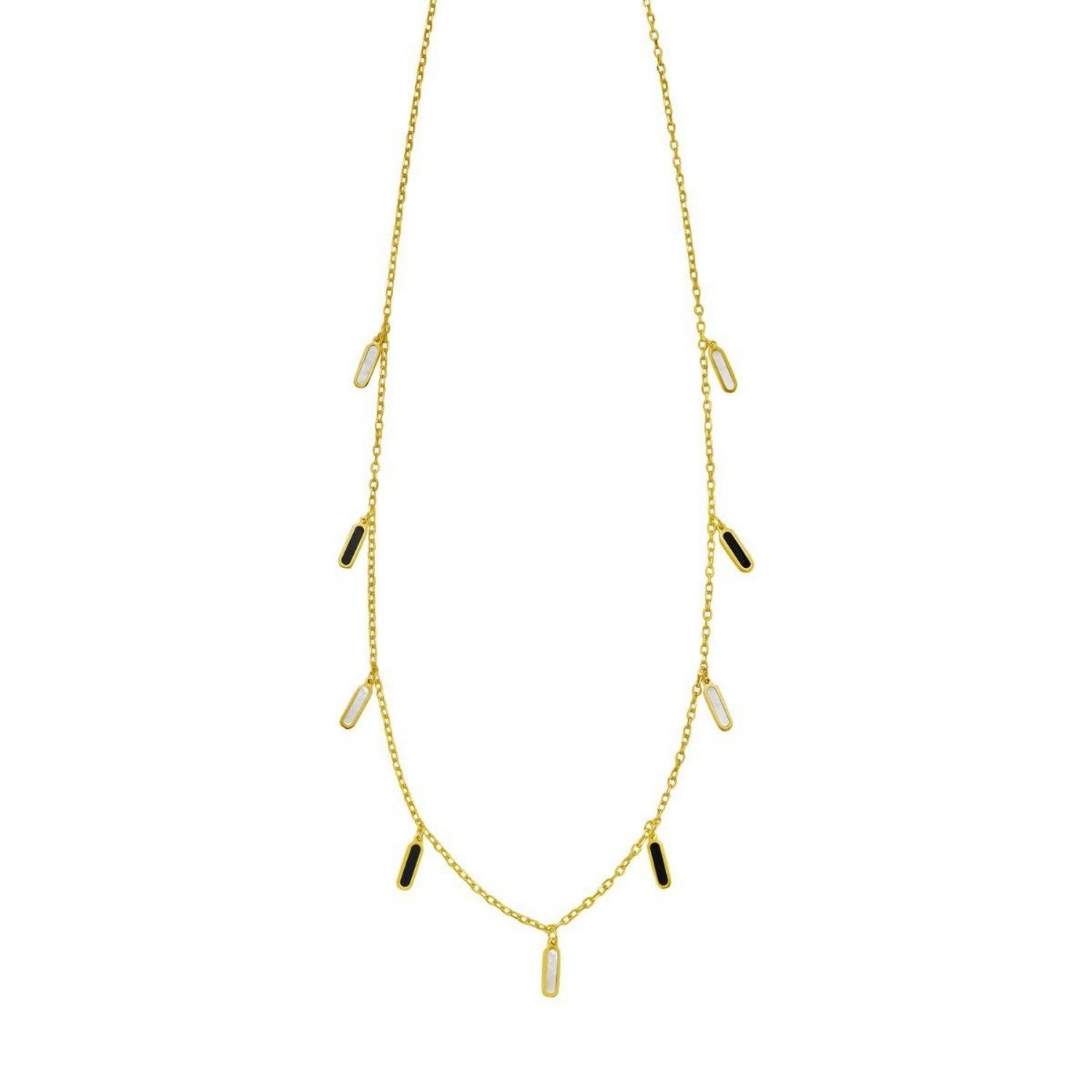 14K Yellow Gold Onyx And MOP Inlay Station Necklace