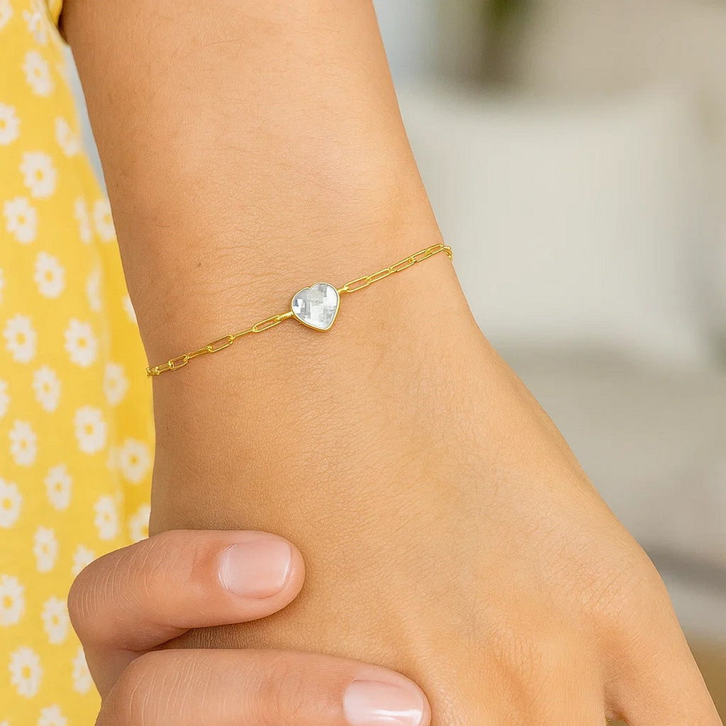 14K Yellow Gold White Topaz Heart Bracelet (1.50 mm)