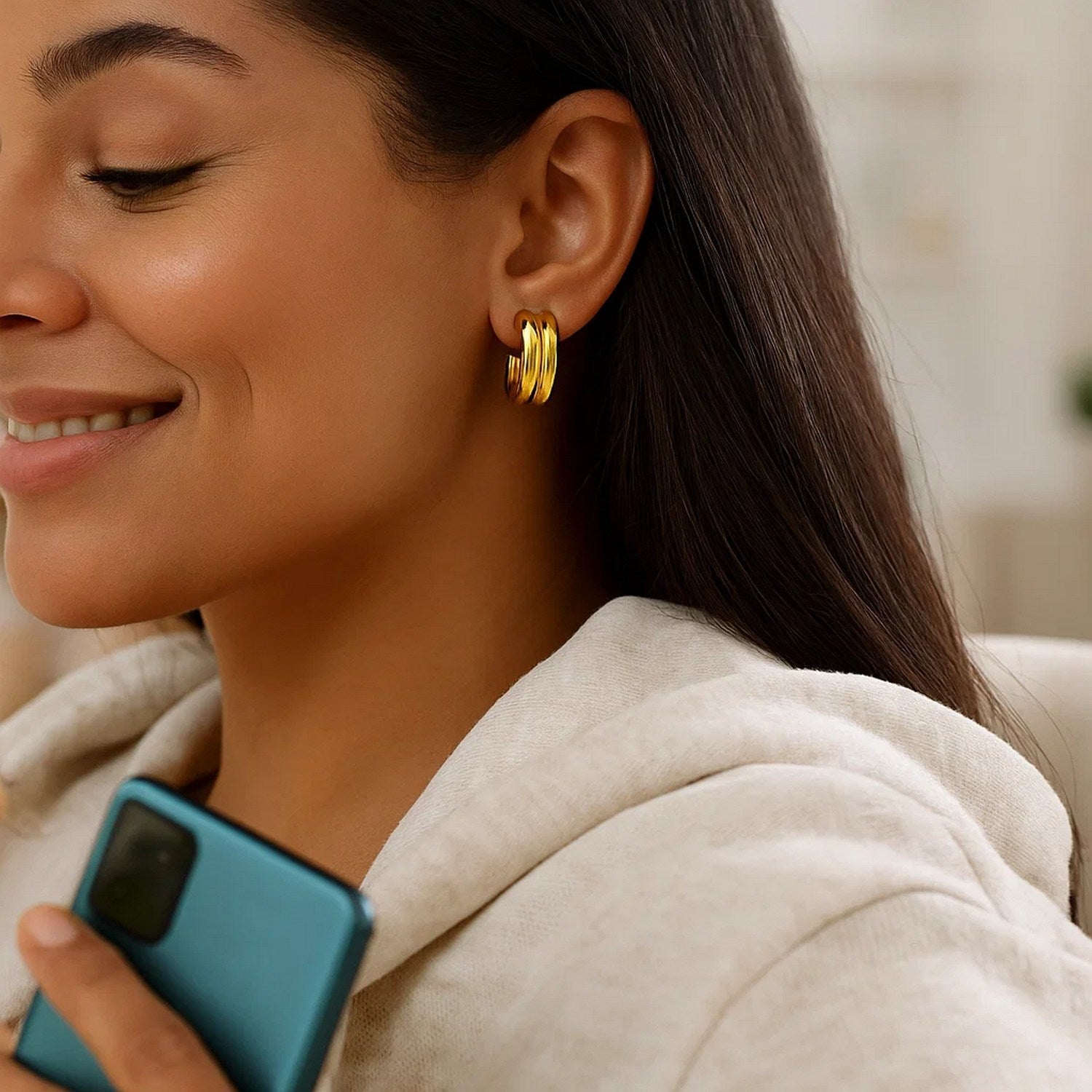 14K Yellow Gold Polished Double Row C Hoop Earrings