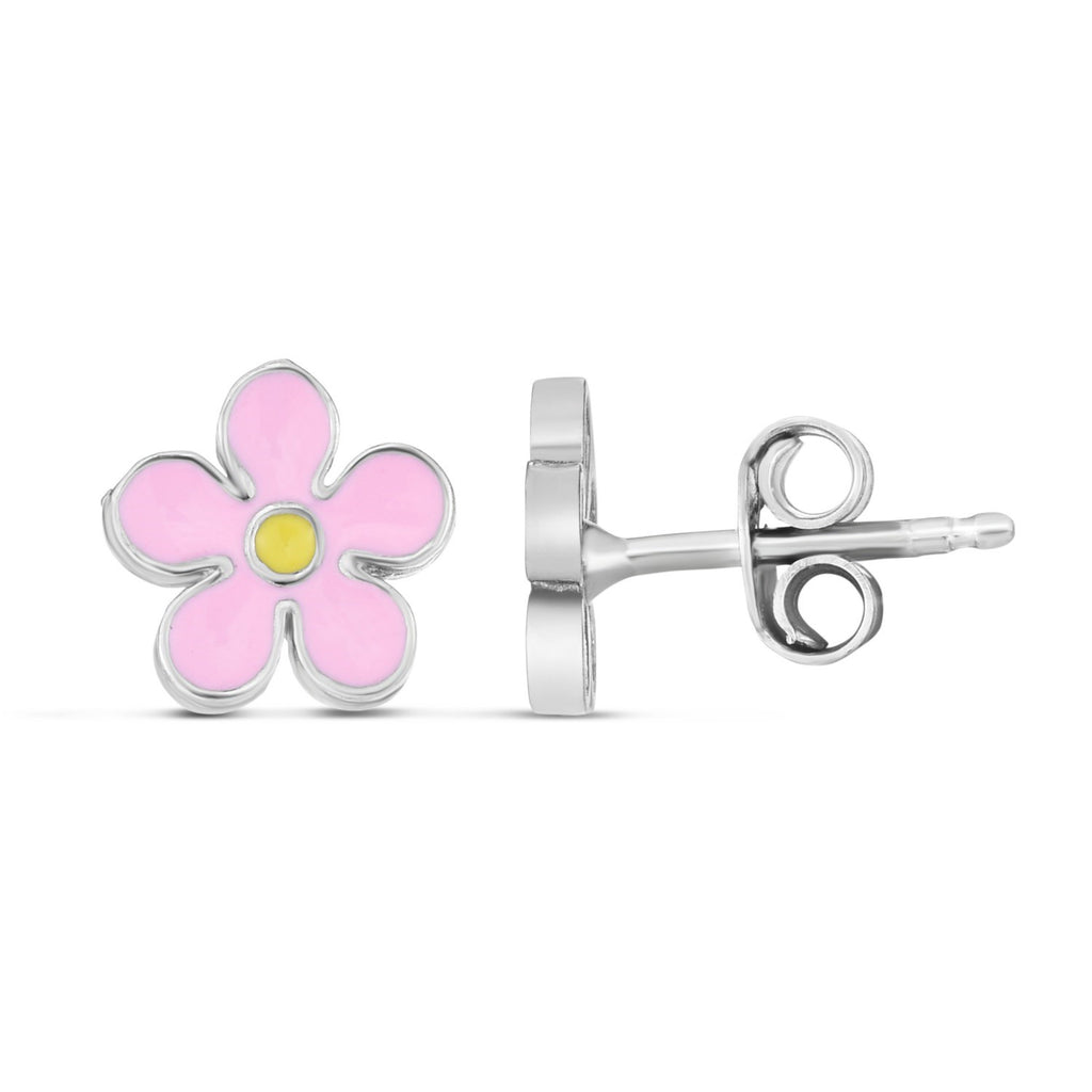 Sterling Silver Enamel Pink Flower Stud Earrings