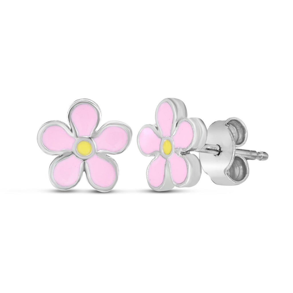 Sterling Silver Enamel Pink Flower Stud Earrings