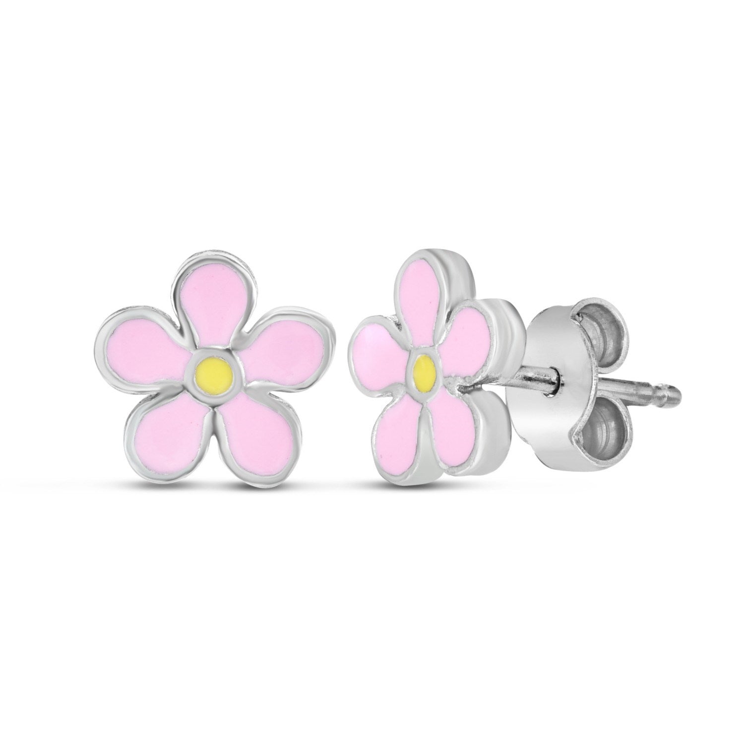 Sterling Silver Enamel Pink Flower Stud Earrings