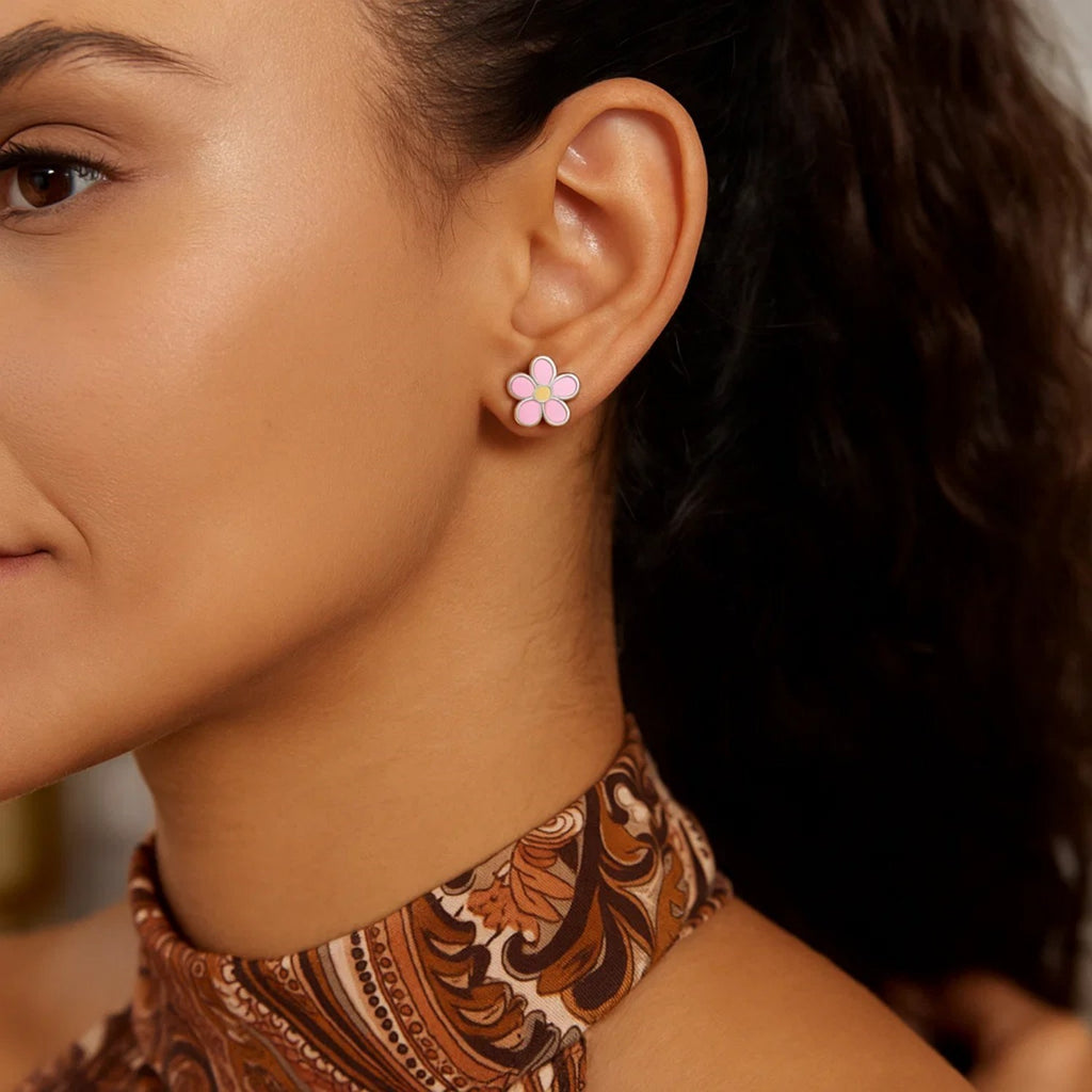 Sterling Silver Enamel Pink Flower Stud Earrings
