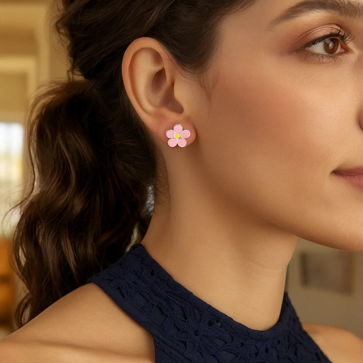 Sterling Silver Enamel Pink Flower Stud Earrings