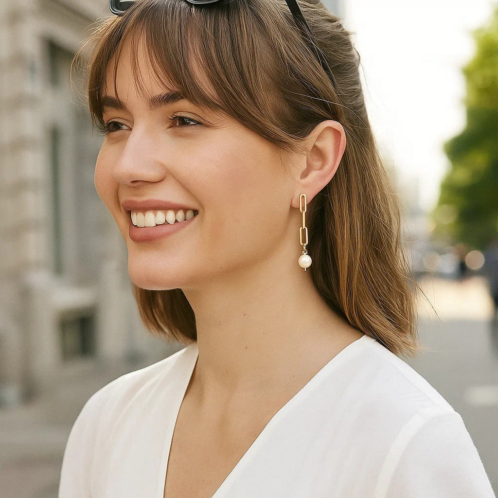 14k Yellow Gold Paperclip Chain Link Earrings with Pearls