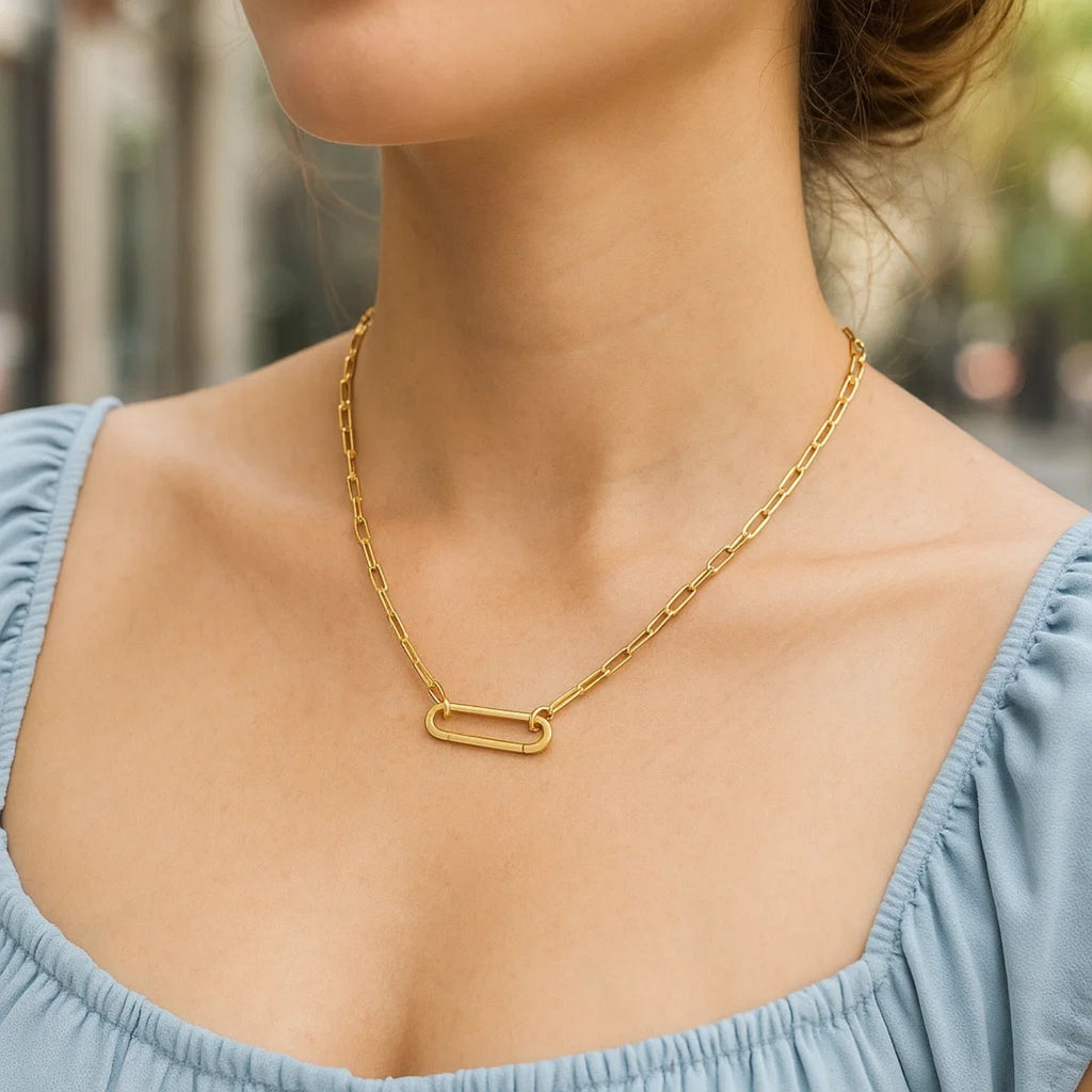 14k Yellow Gold Elongated Link Paperclip Necklace