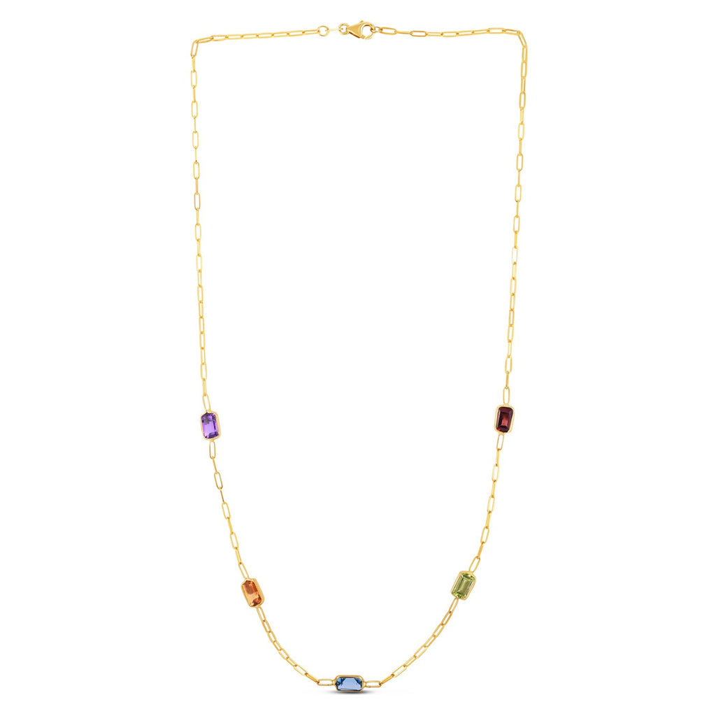 14K Yellow Gold Multi Gemstone Paperclip Necklace (1.50 mm)