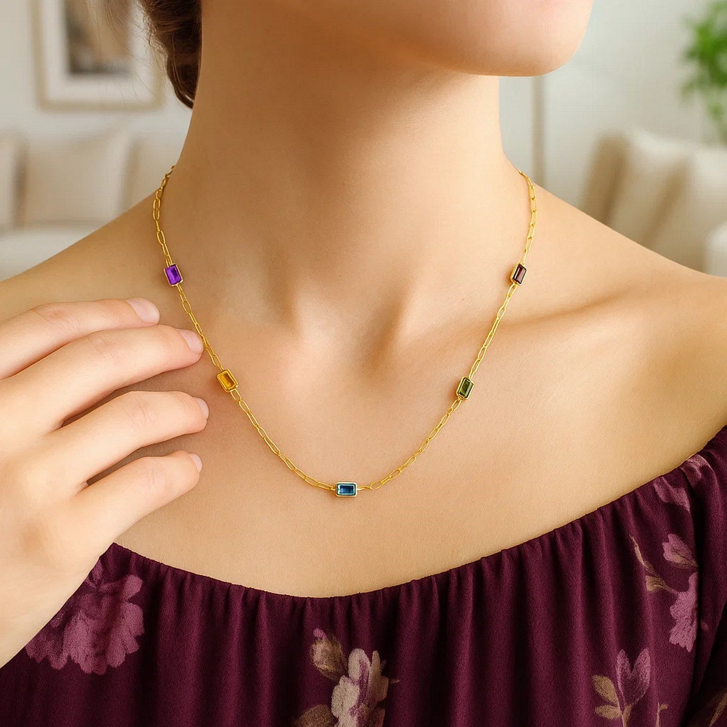 14K Yellow Gold Multi Gemstone Paperclip Necklace (1.50 mm)
