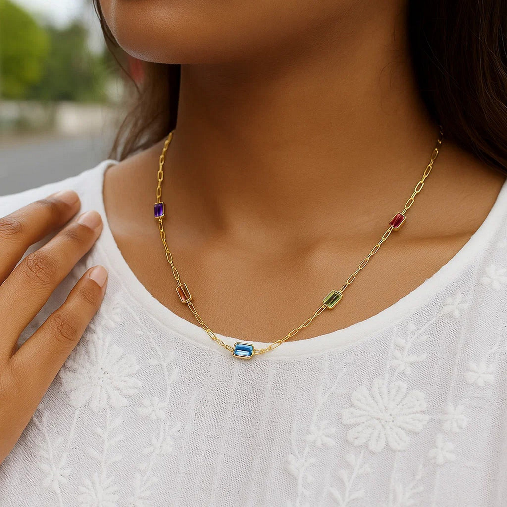 14K Yellow Gold Multi Gemstone Paperclip Necklace (1.50 mm)