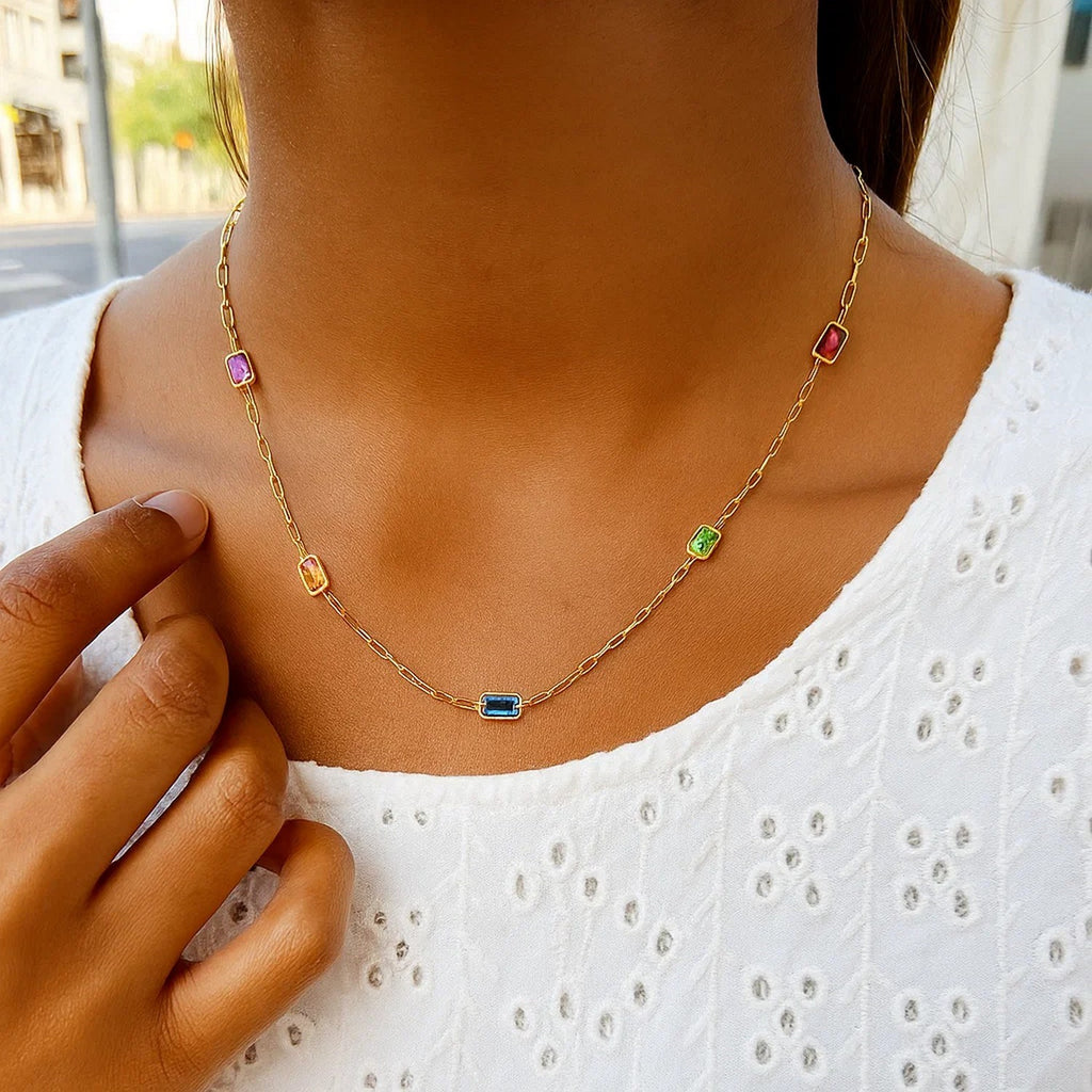 14K Yellow Gold Multi Gemstone Paperclip Necklace (1.50 mm)