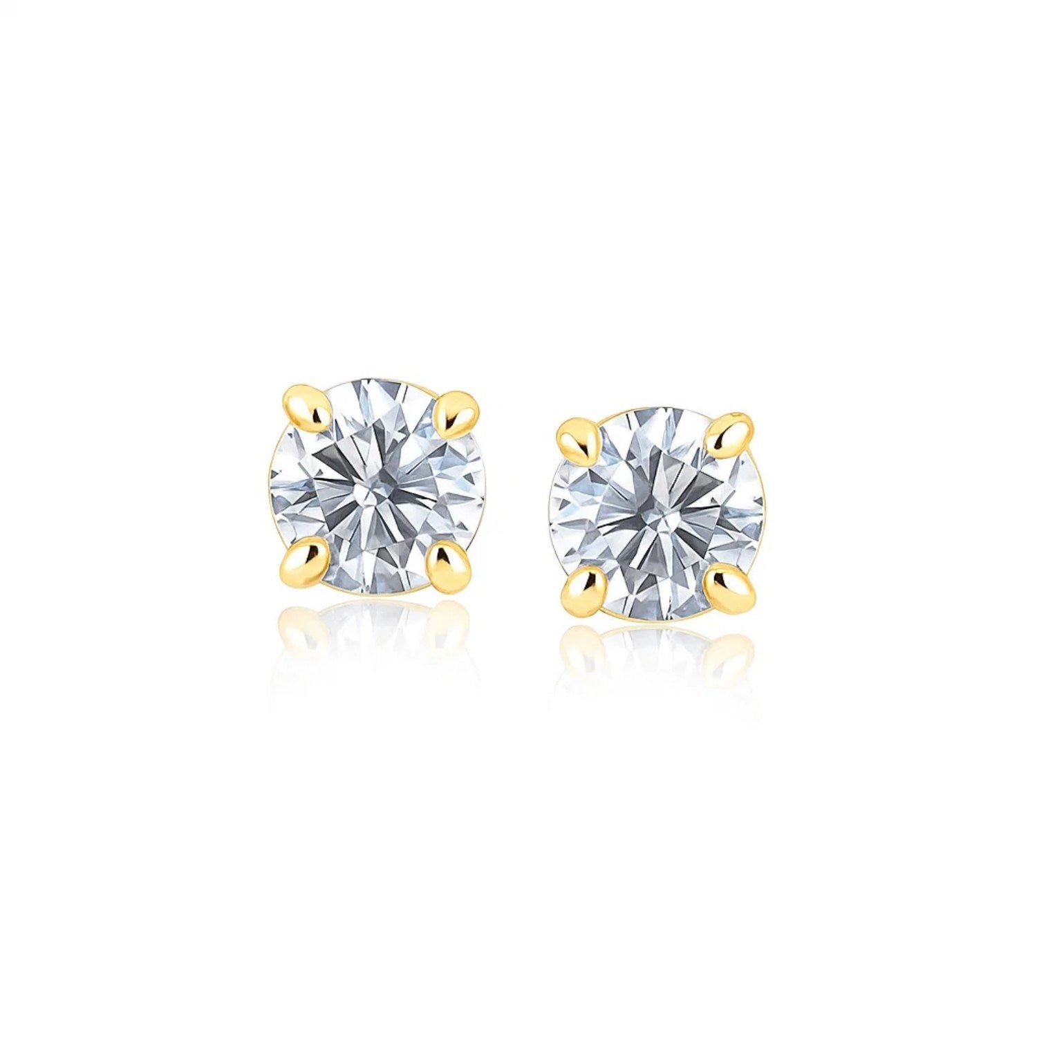 14k Yellow Gold Stud Earrings with White Hue Faceted Cubic Zirconia(6mm)