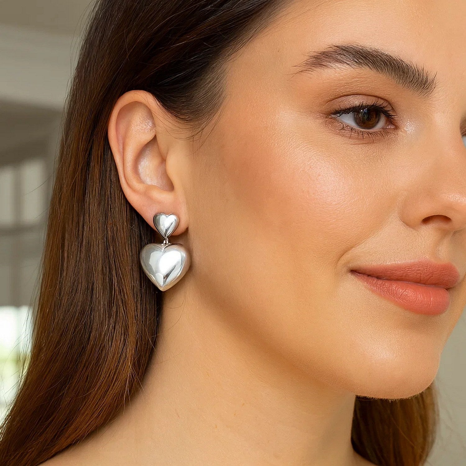 Sterling Silver Rhodium Plated Puffed Double Heart Drop Earrings