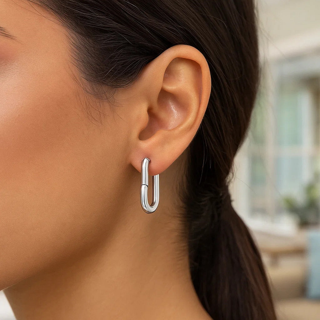 Sterling Silver Rhodium Plated Oval Hoop Earrings