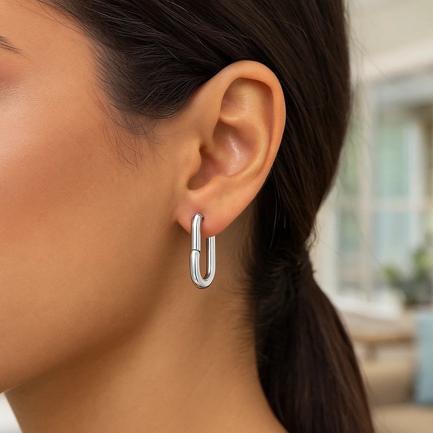 Sterling Silver Rhodium Plated Oval Hoop Earrings