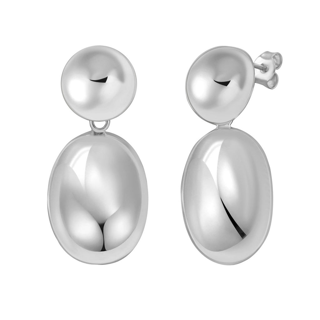 Sterling Silver Rhodium Plated Puffed Oval Double Button Drop Earrings