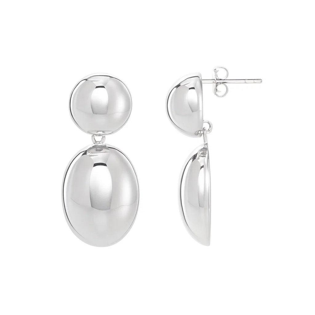 Sterling Silver Rhodium Plated Puffed Oval Double Button Drop Earrings