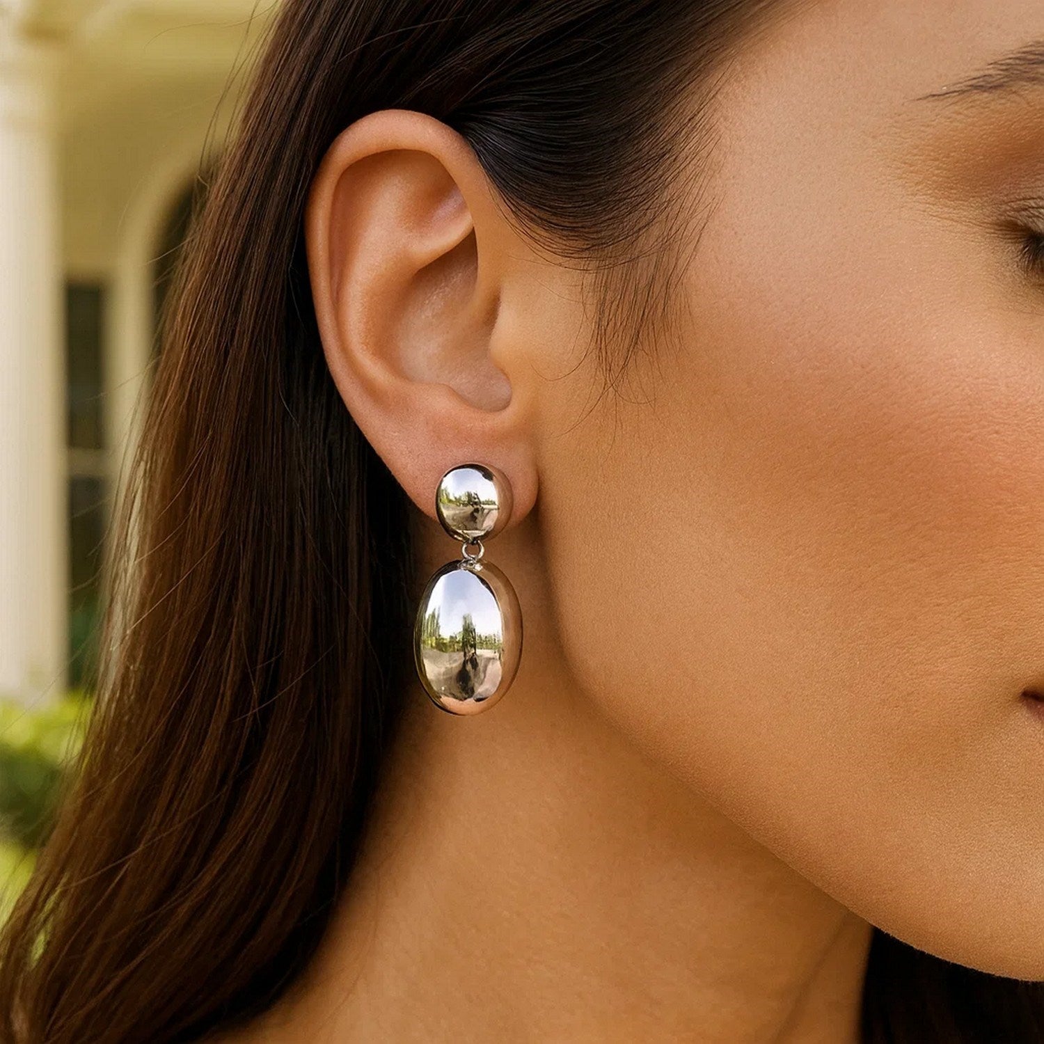 Sterling Silver Rhodium Plated Puffed Oval Double Button Drop Earrings