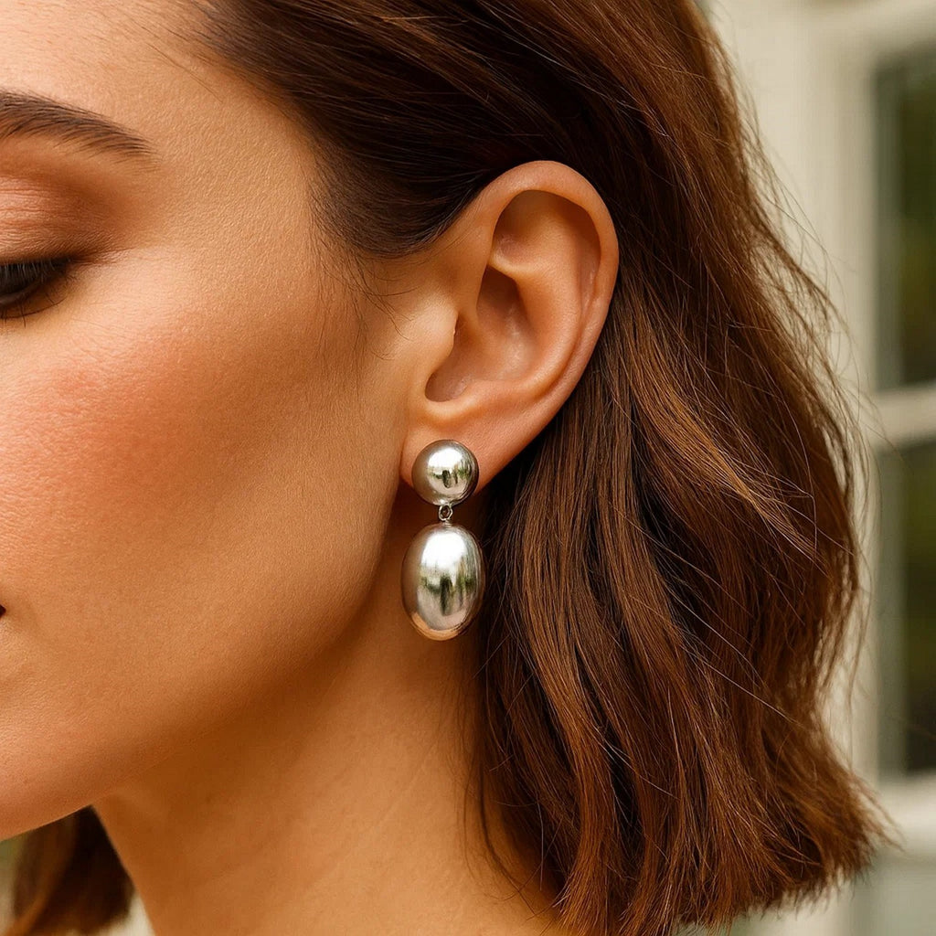 Sterling Silver Rhodium Plated Puffed Oval Double Button Drop Earrings