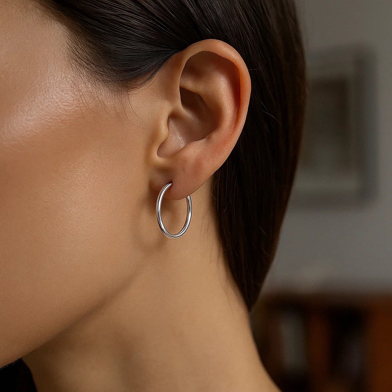 Sterling Silver Polished Thin Hoop Earrings with Rhodium Plating (2x20mm)