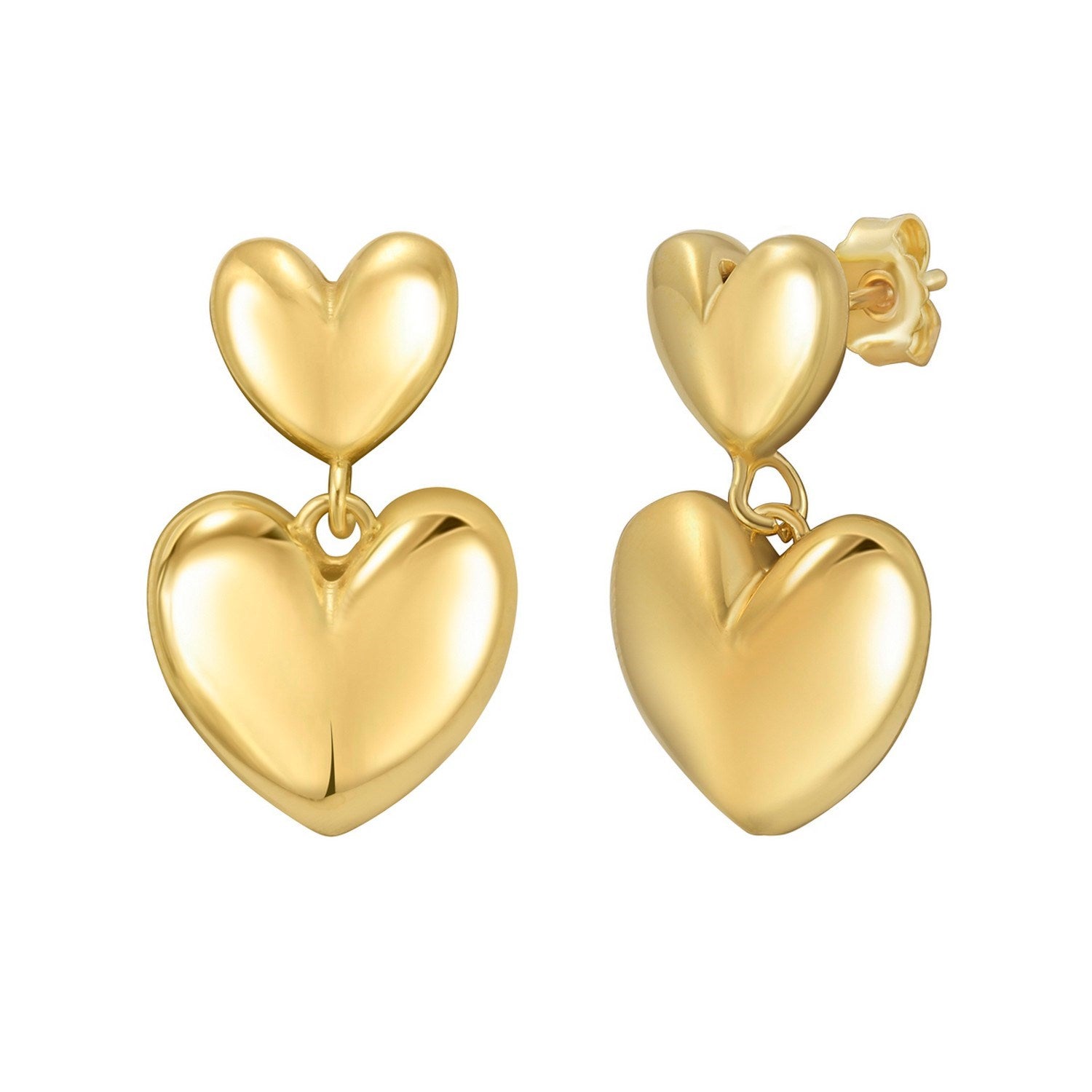 Sterling Silver Yellow Gold Plated Puffed Double Heart Drop Earrings
