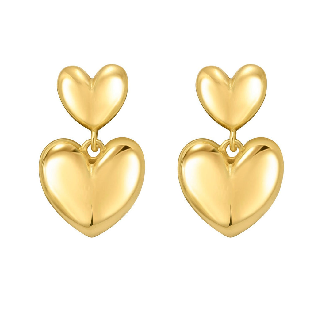 Sterling Silver Yellow Gold Plated Puffed Double Heart Drop Earrings