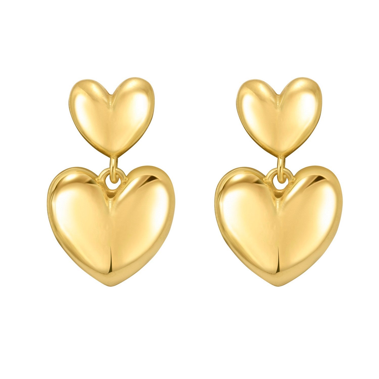 Sterling Silver Yellow Gold Plated Puffed Double Heart Drop Earrings