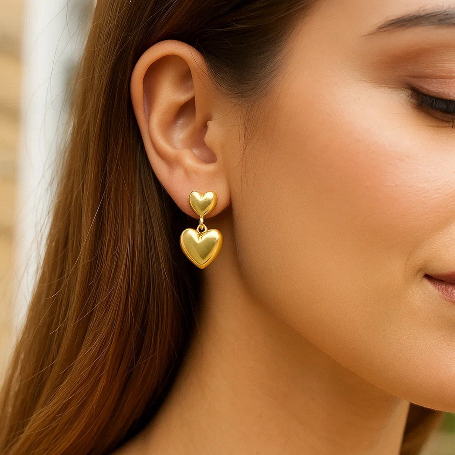 Sterling Silver Yellow Gold Plated Puffed Double Heart Drop Earrings