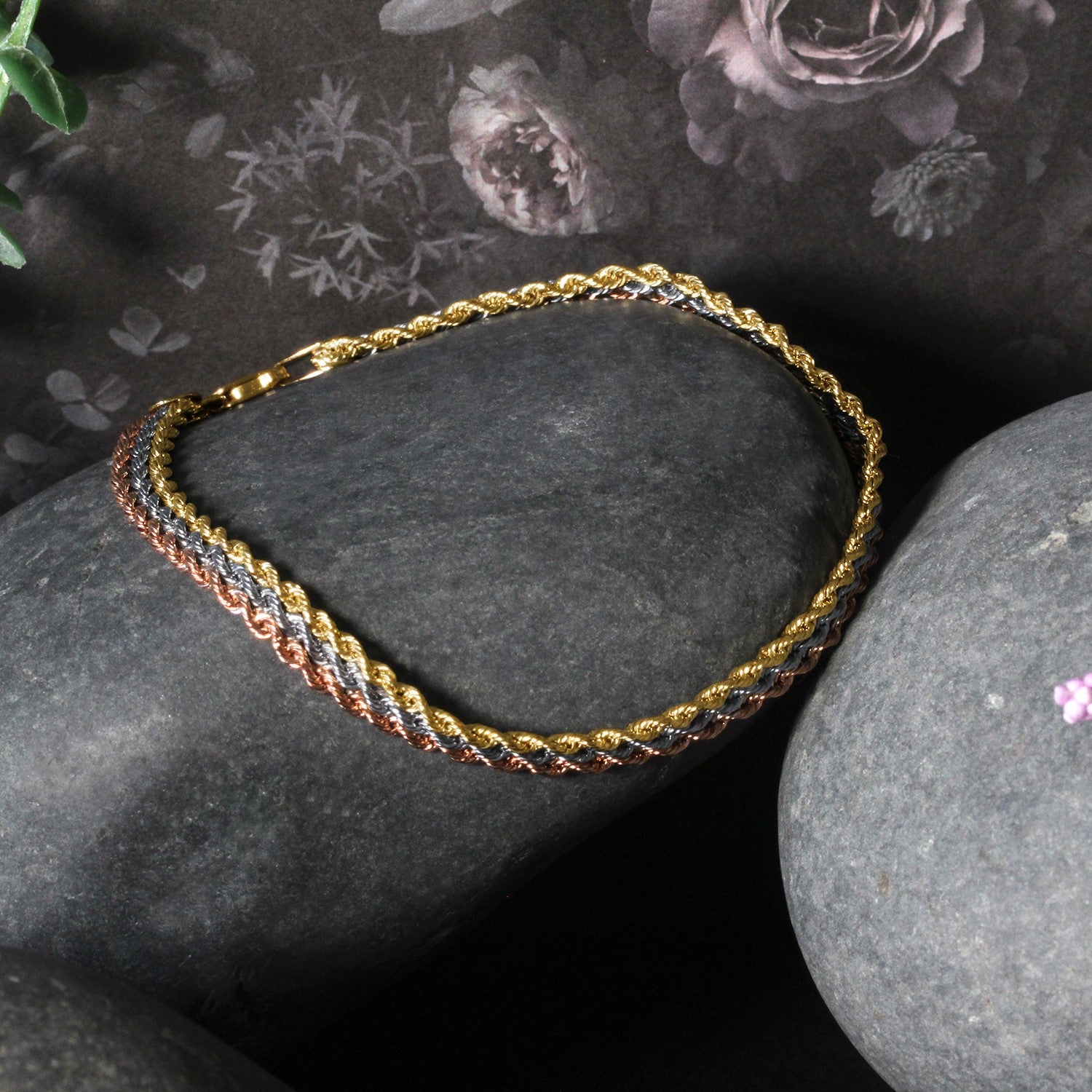 10k Tri-Toned Gold Multi-Strand Rope Chain Bracelet (6.35 mm)