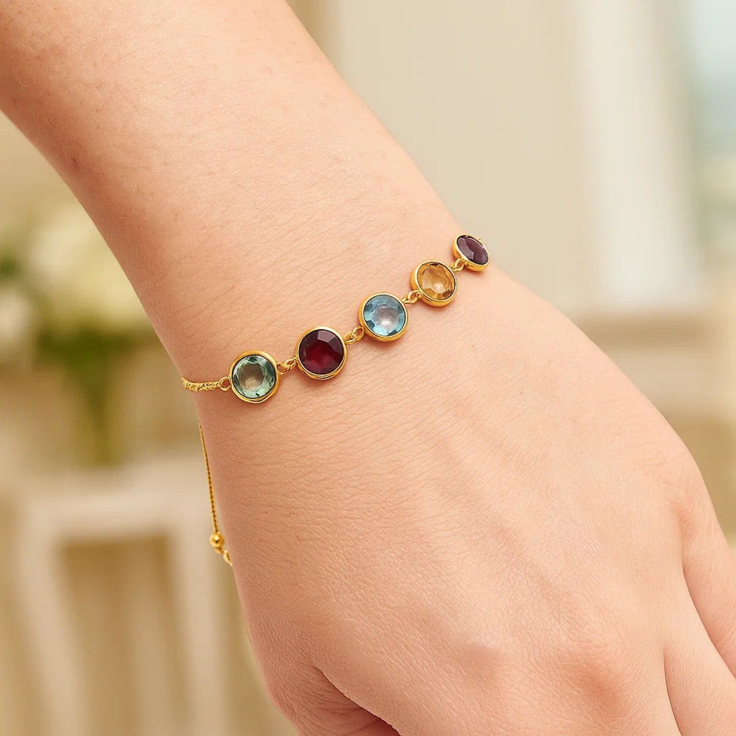 Adjustable Bracelet with Multicolored Round Gemstones in 14k Yellow Gold(1.00mm)