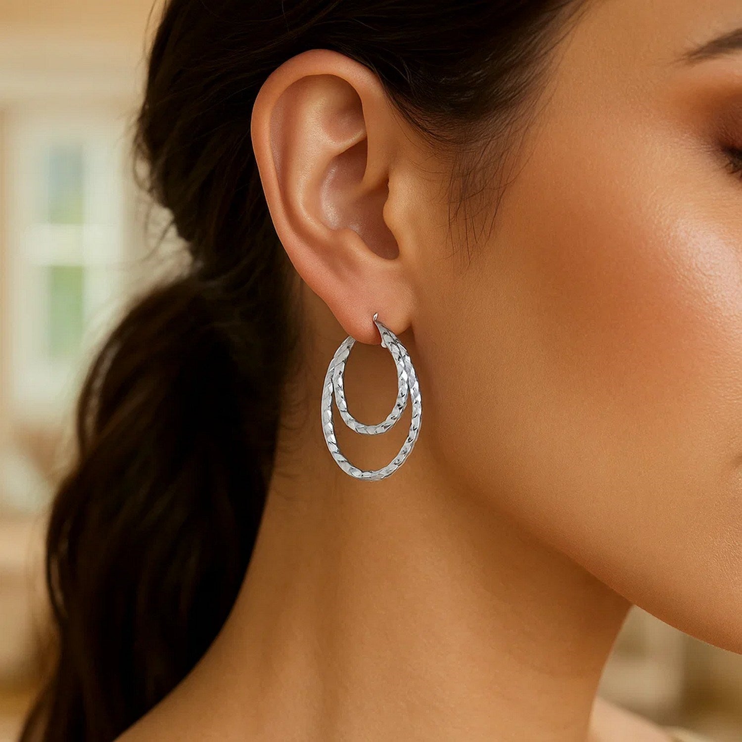 Sterling Silver Double Oval Textured Hoop Earrings