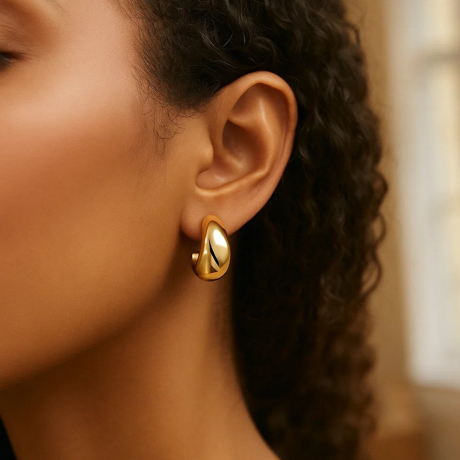 Sterling Silver Yellow Gold Plated Twisted Puff C Hoop Earrings