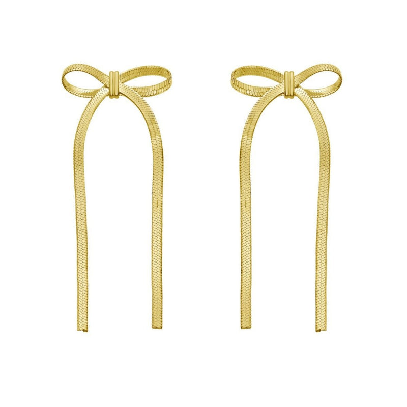 Sterling Silver Yellow Gold Plated Snake Chain Drop Dangle Bow Earrings