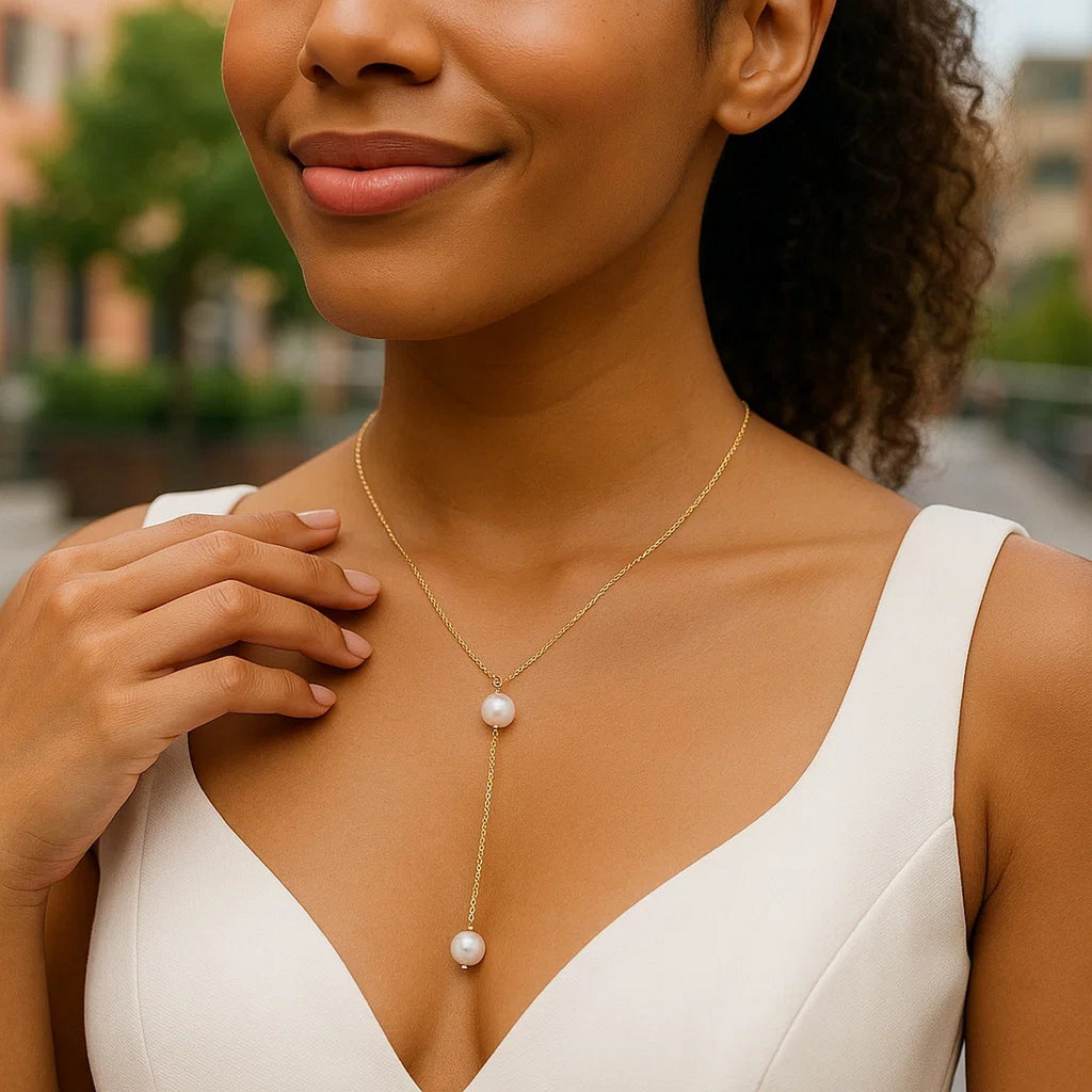 14k Yellow Gold Lariat Necklace with Pearls